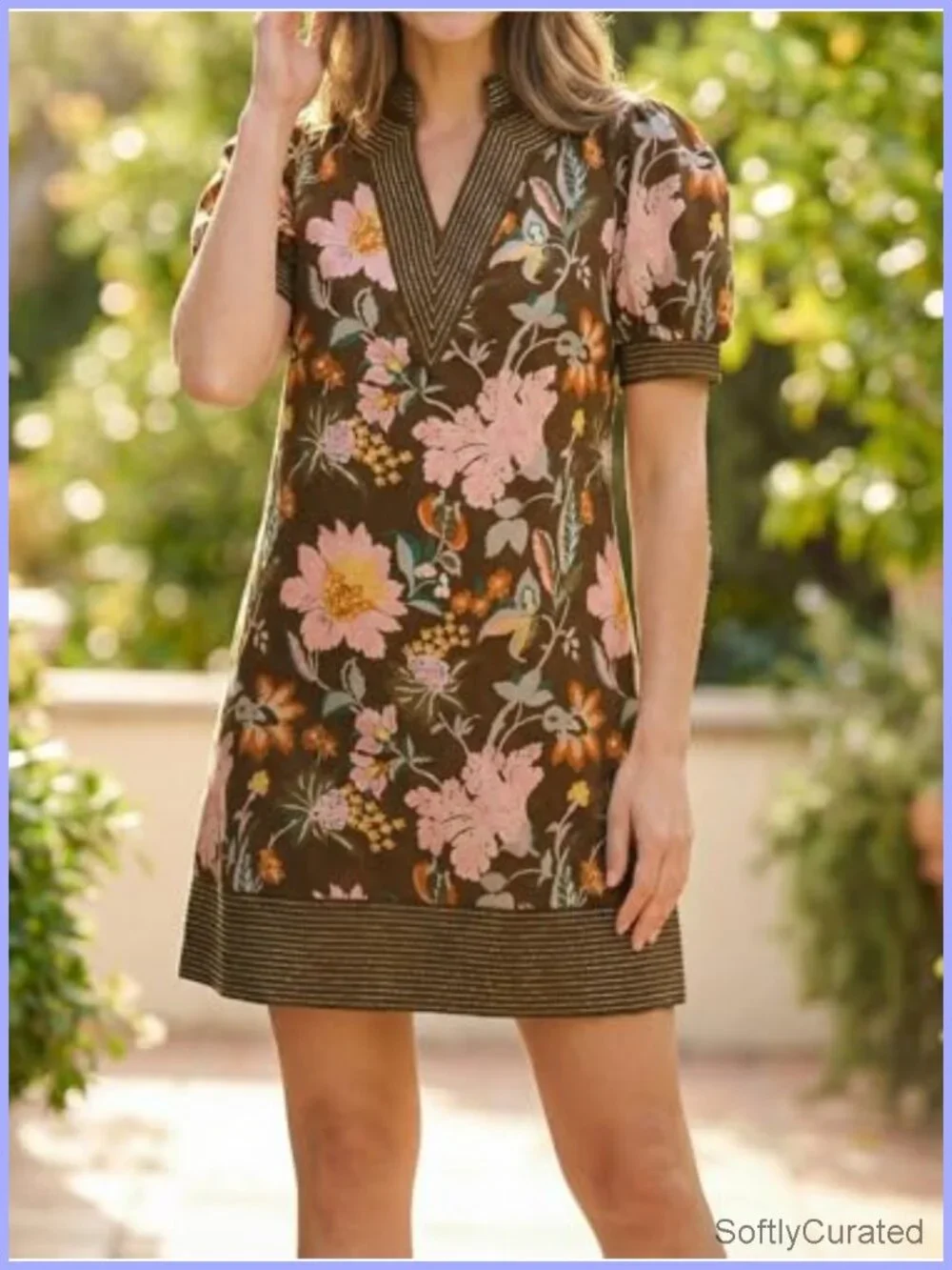 V Neck Puff Short Sleeve Boho Mini Shift Dress with Pockets Casual
